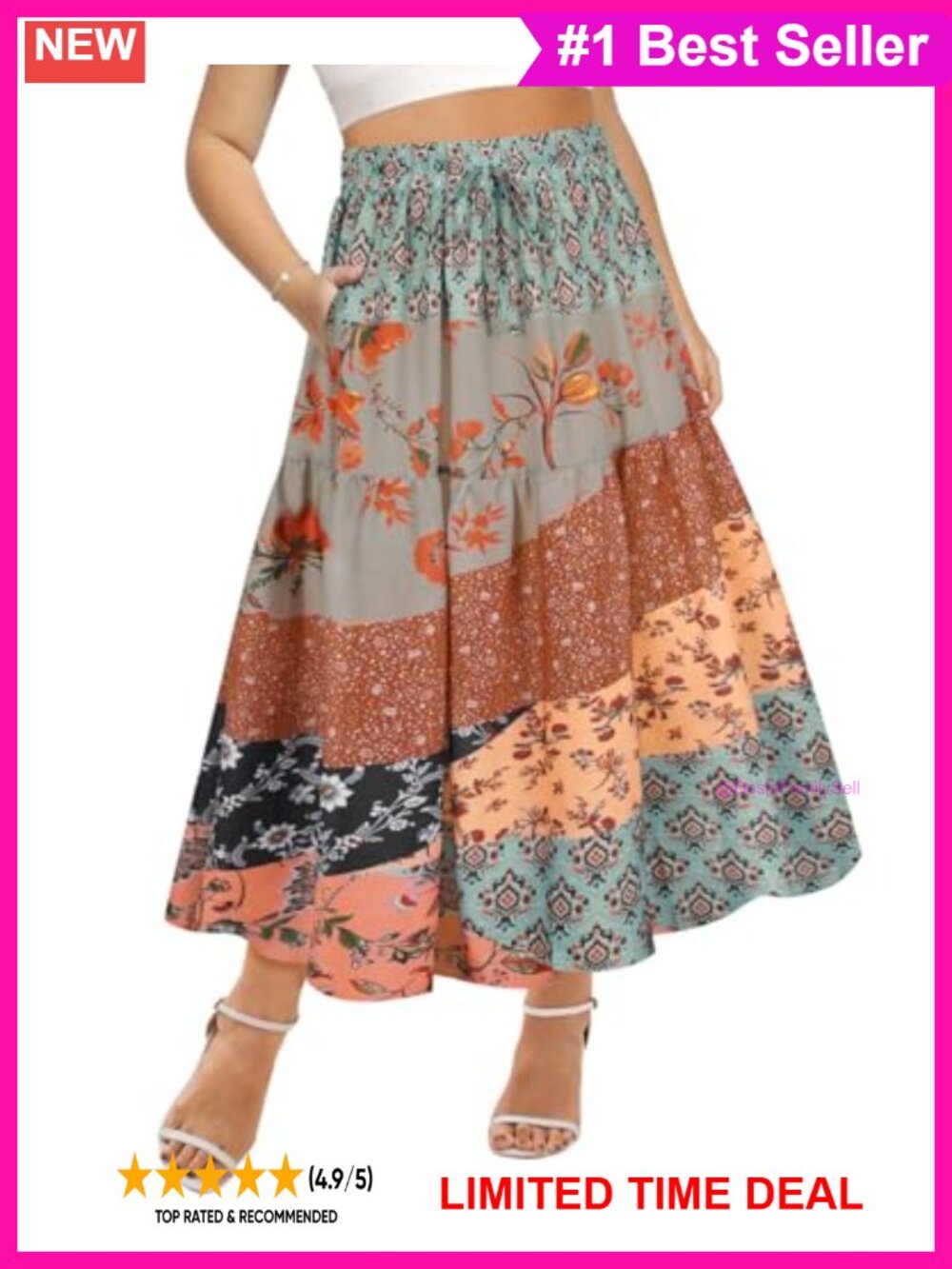Plus Size Maxi Skirt A-Line Pleated Tiered Elastic High Waist with Pockets 100%